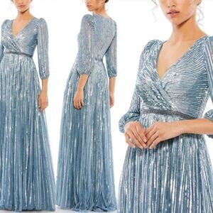 Mac Duggal 5509 Womens Blue Sequin Wrap Over 3/4 Sleeve Gown